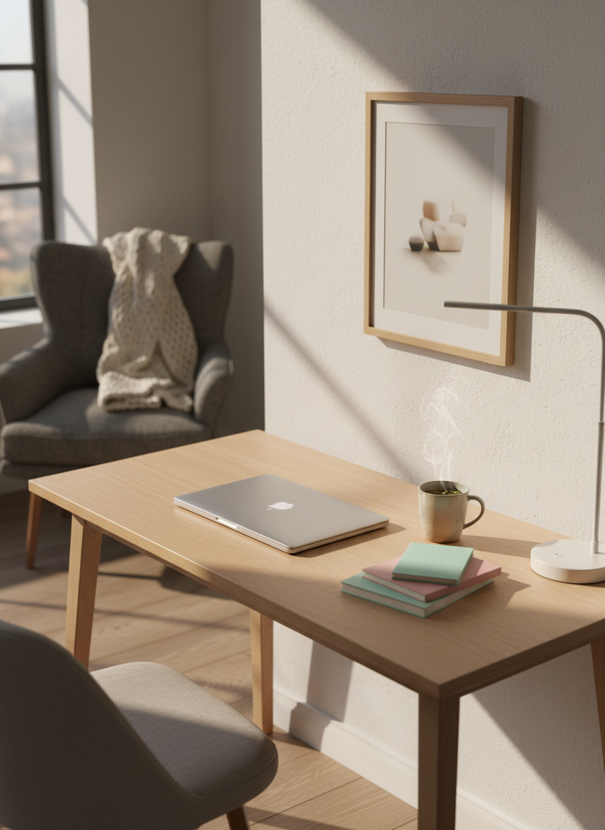 A warmly lit, minimalist home office corner featuring a clean, light-wood desk supporting a closed silver laptop, a small stack of pastel-colored notebooks, and a ceramic mug of herbal tea releasing a delicate swirl of steam. On the wall above, a framed, softly blurred motivational quote suggests encouragement without readable text. Natural late-afternoon light enters from the left, mixing with a discreet desk lamp to create a balanced, comforting glow and gentle shadows. A textured gray armchair sits slightly out of focus in the background, with a folded, soft-knit blanket draped over the armrest. Captured in photographic realism from a slightly elevated angle, with a balanced composition that communicates professionalism, safety, and a sense of organized mental clarity.