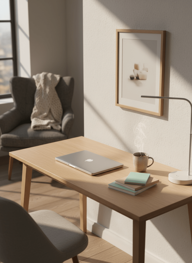 A warmly lit, minimalist home office corner featuring a clean, light-wood desk supporting a closed silver laptop, a small stack of pastel-colored notebooks, and a ceramic mug of herbal tea releasing a delicate swirl of steam. On the wall above, a framed, softly blurred motivational quote suggests encouragement without readable text. Natural late-afternoon light enters from the left, mixing with a discreet desk lamp to create a balanced, comforting glow and gentle shadows. A textured gray armchair sits slightly out of focus in the background, with a folded, soft-knit blanket draped over the armrest. Captured in photographic realism from a slightly elevated angle, with a balanced composition that communicates professionalism, safety, and a sense of organized mental clarity.