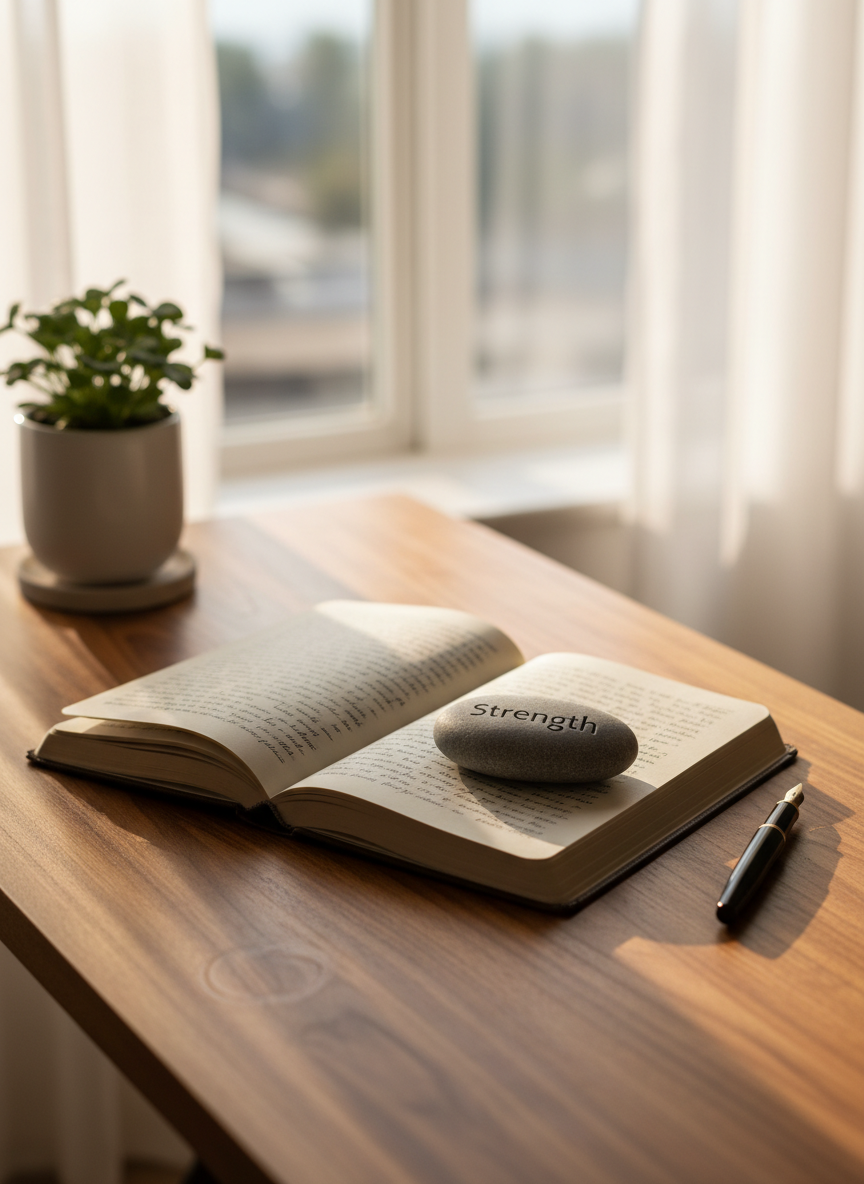 A neatly arranged wooden writing desk holding an open linen-bound journal, its cream pages filled with gentle, flowing handwritten reflections about hope and healing, though the text is softly out of focus. A smooth river stone engraved with the word “Strength” rests on the page beside a fine black fountain pen. The desk sits near a large window, where soft morning sunlight diffuses through sheer white curtains, casting gentle, elongated shadows and a warm glow across the scene. A small, healthy green plant in a matte white ceramic pot adds life in the background, slightly blurred. Photographic realism, eye-level composition with shallow depth of field, creating a calm, professional, and reassuring atmosphere that evokes quiet resilience and positivity.